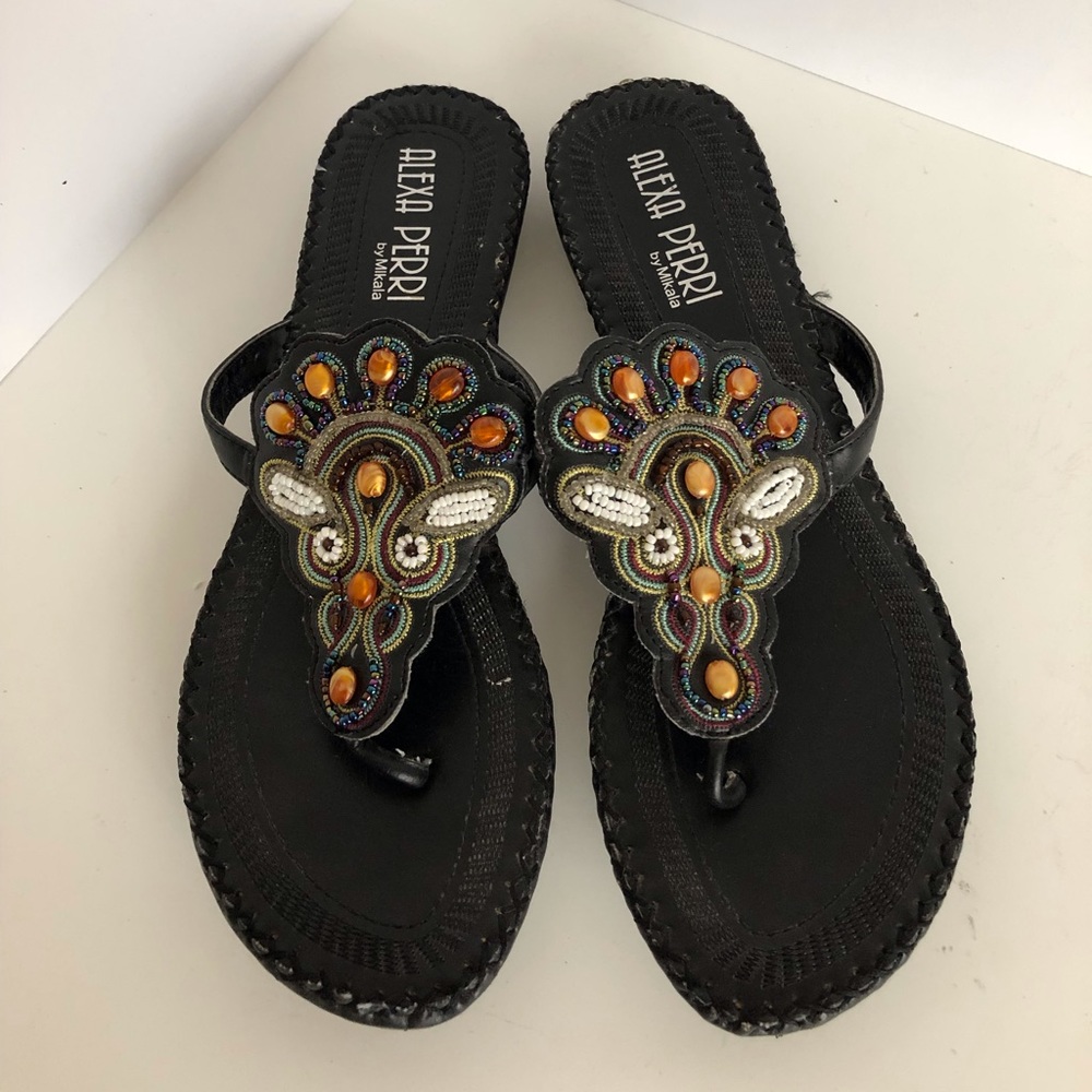 Beaded leather black sandals